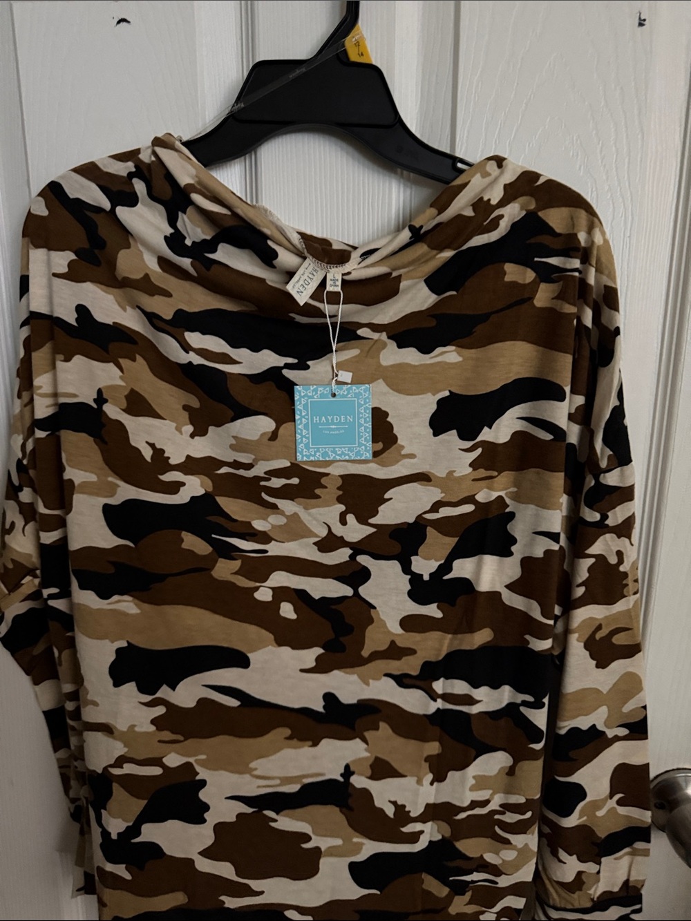 Hayden Camo Hooded Long Sleeve Top in Brown, Tan & Black